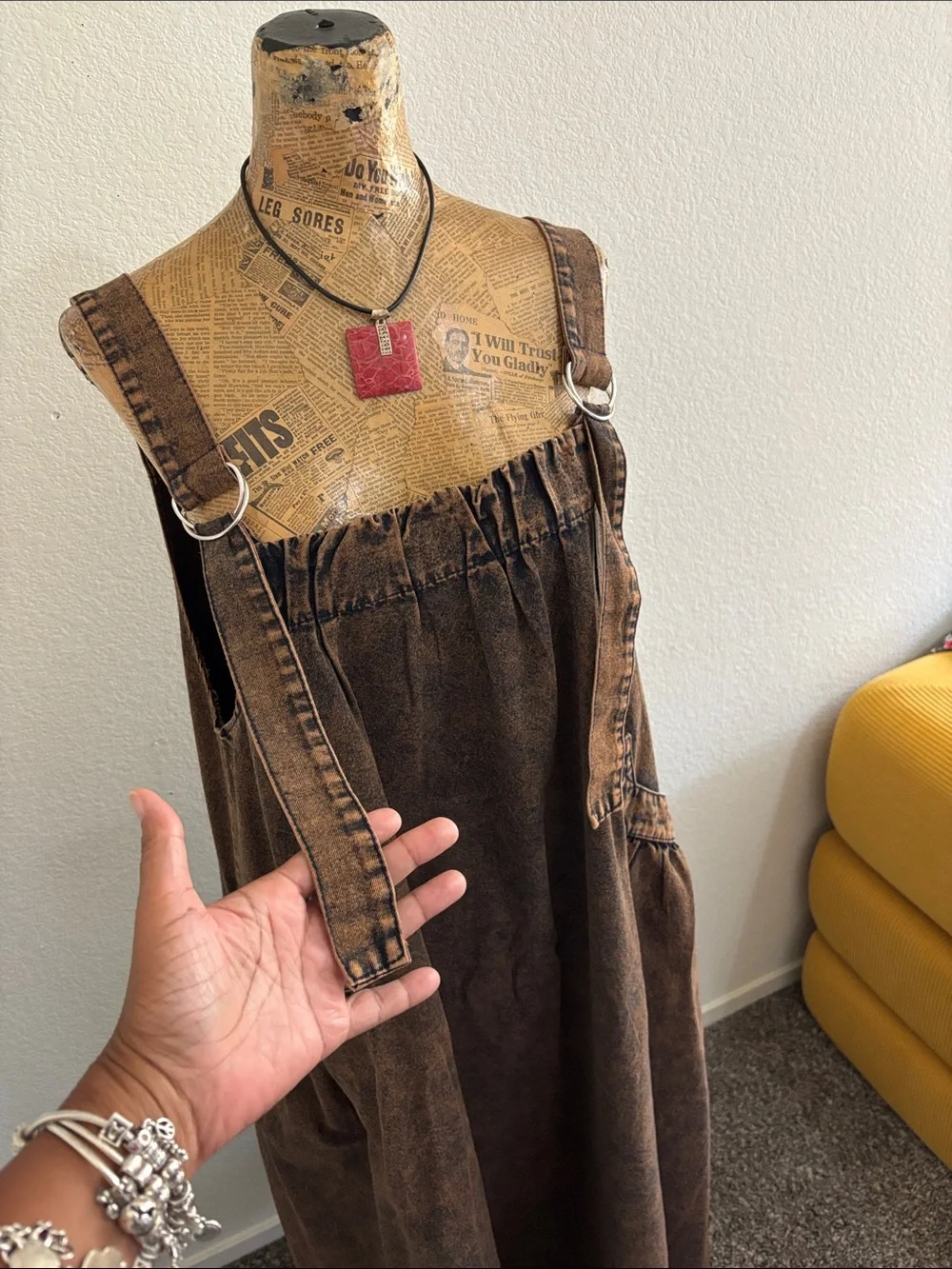 Apron styled maxi dress M acid washed boho Lagenlook suspenders Y2K fall whimsy